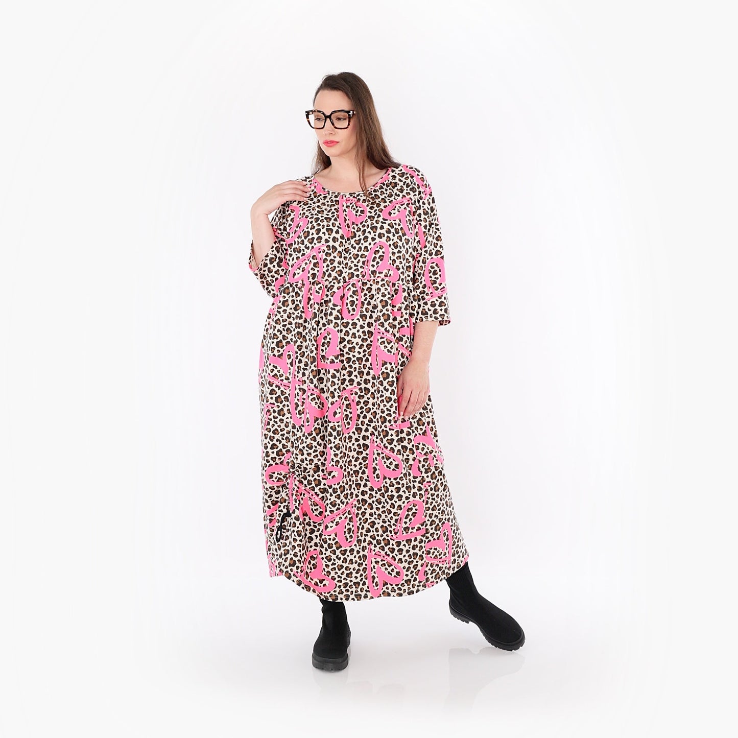 AKH Fashion 7122 Kleid, Beige-Braun-Fuchsia