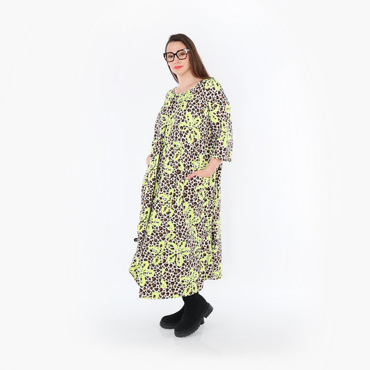 AKH Fashion 7122 Kleid, Beige-Braun-Neongrün