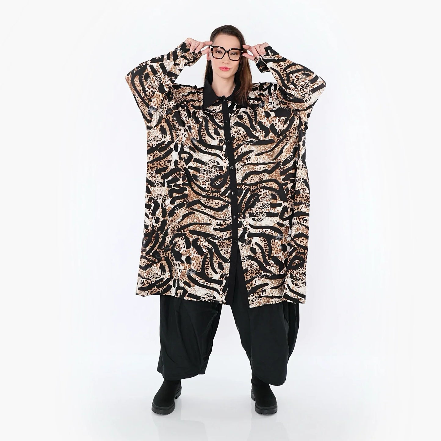 AKH Fashion 7131 Bluse, Schwarz-Cognac-Weiß