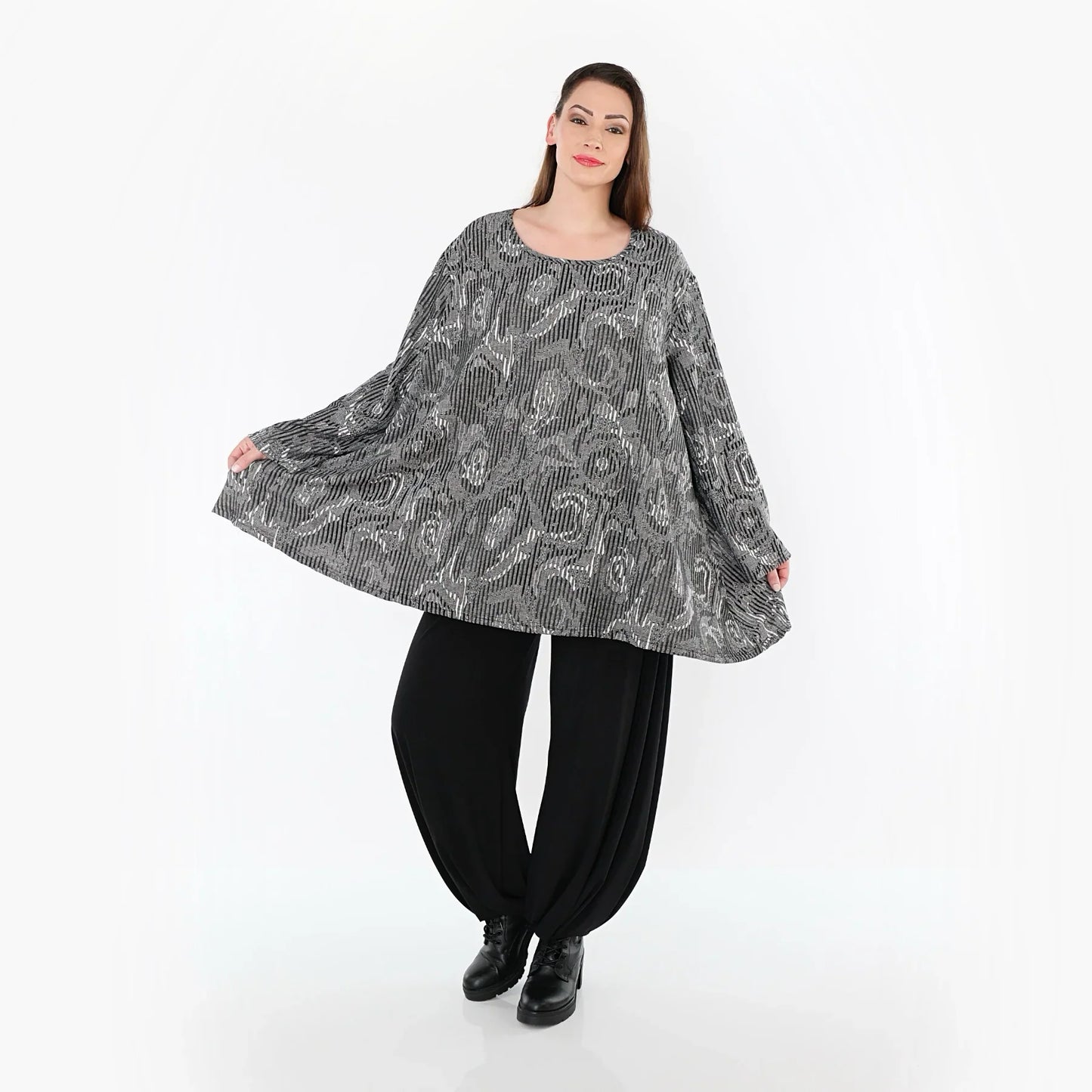 AKH Fashion 593 Big Shirt, Grau-Schwarz-Weiß