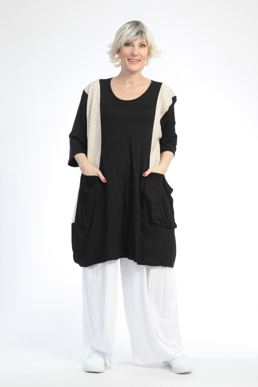Summer shirt in balloon shape made of airy poplin quality, Baali in black-beige