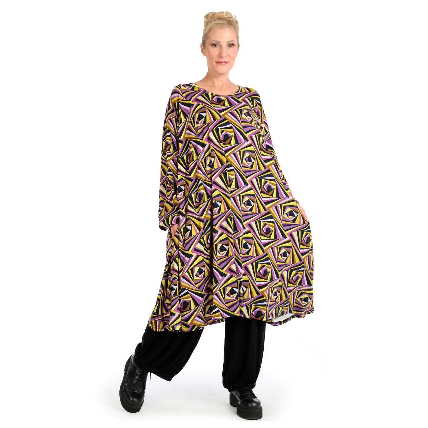 Winter Kleid in A-Form aus stretcher Jersey Qualität, Maple in Lila-Gelb-Flieder