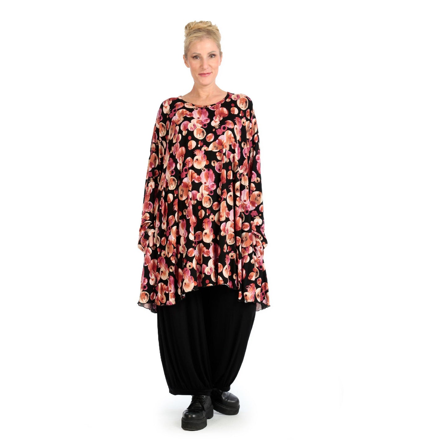 Winter Big Shirt in A-Form aus stretcher Jersey Qualität, Luna in Schwarz-Rot-Fuchsia