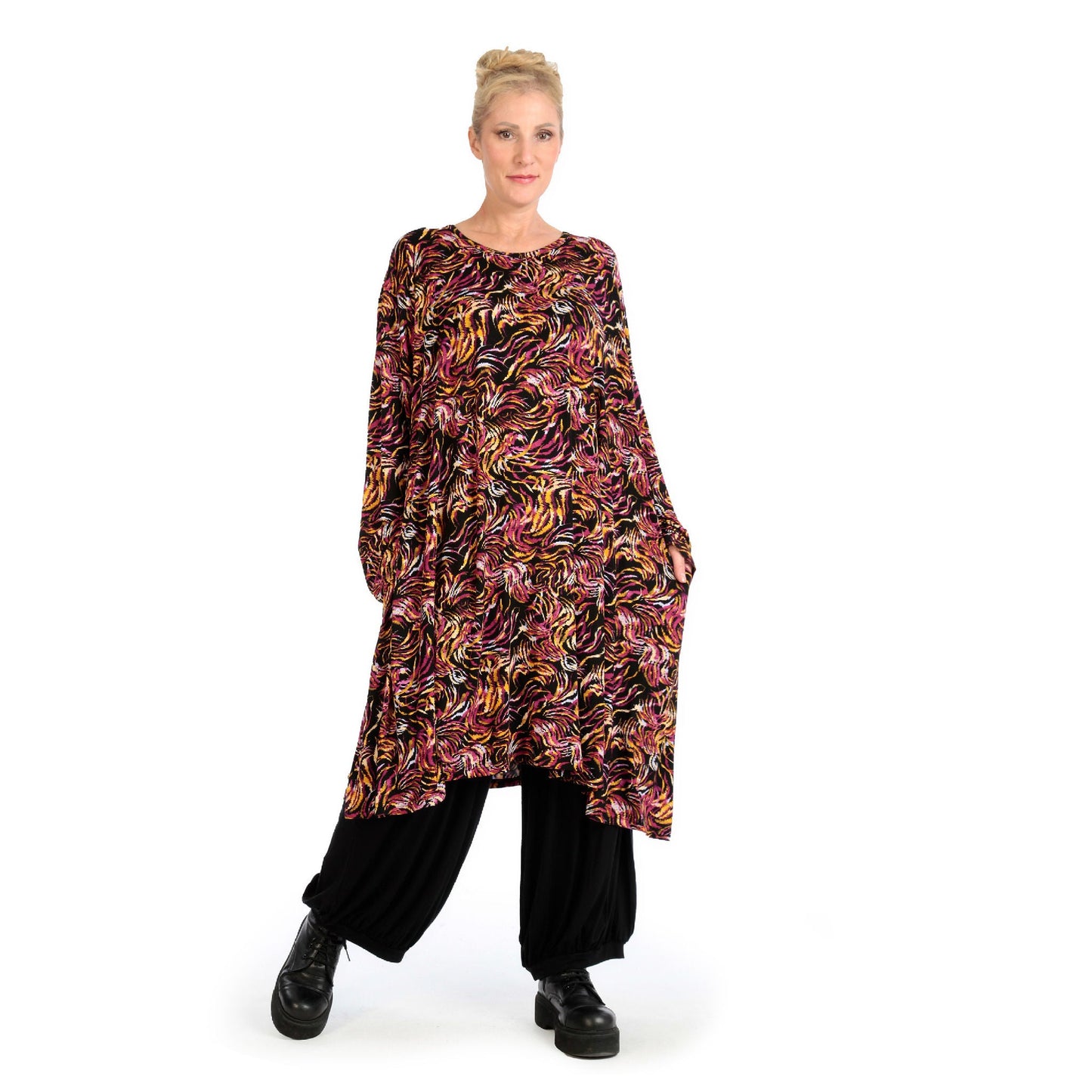 Winter Kleid in A-Form aus stretcher Jersey Qualität, Sienna in Schwarz-Fuchsia-Gelb