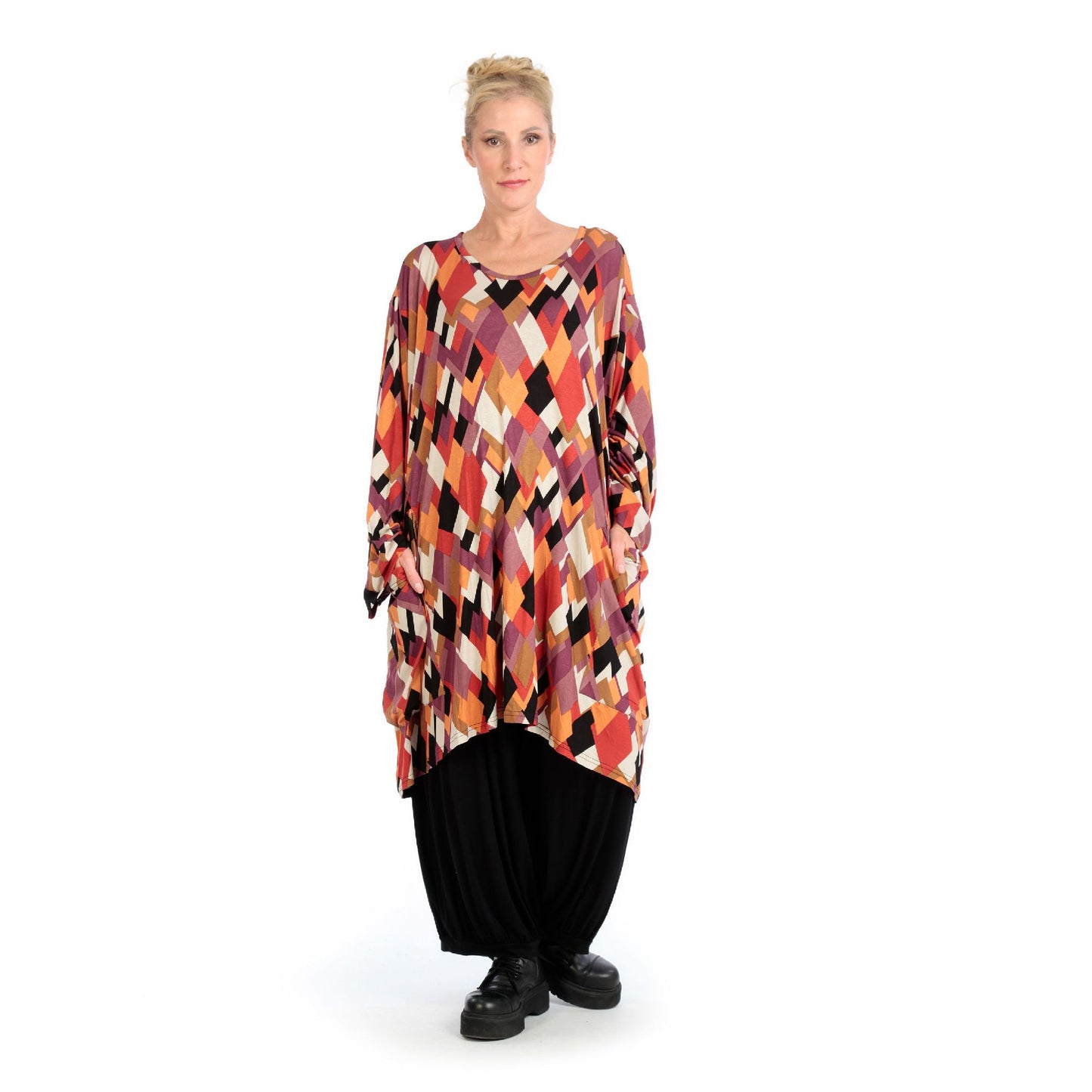 Winter Big Shirt in Ballon Form aus stretcher Jersey Qualität, Lavina in Schwarz-Flieder-Orange