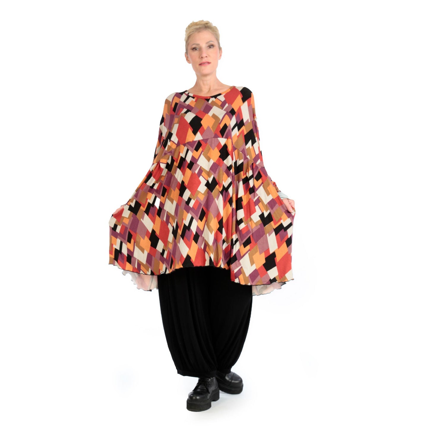 Winter Big Shirt in A-Form aus stretcher Jersey Qualität, Lavina in Schwarz-Flieder-Orange