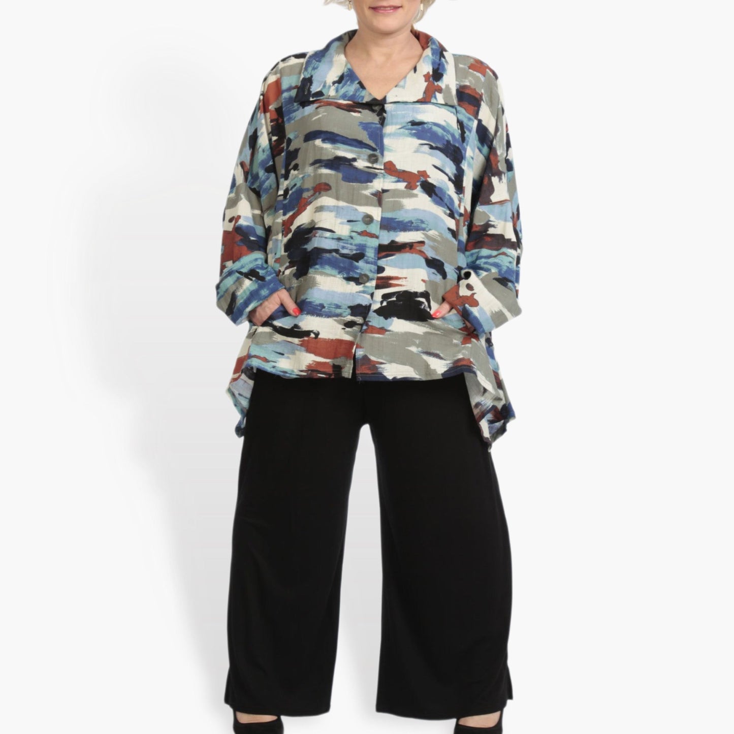 Sommer Jacke in A-Form aus luftiger Leinen Optik Qualität, Maxima in Blau-Multi