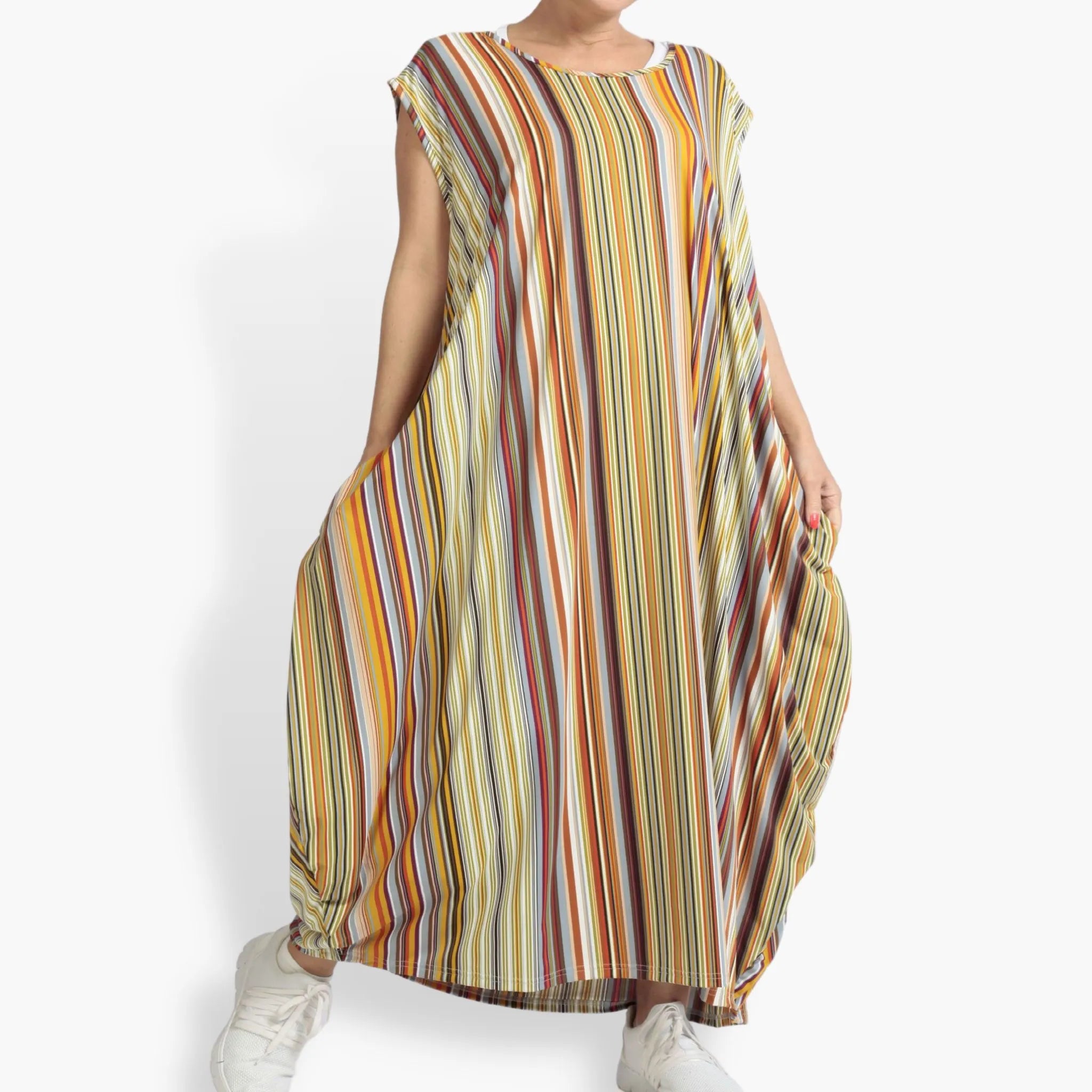 Summer dress in balloon shape made of stretcher Slinky quality, River in Cognac