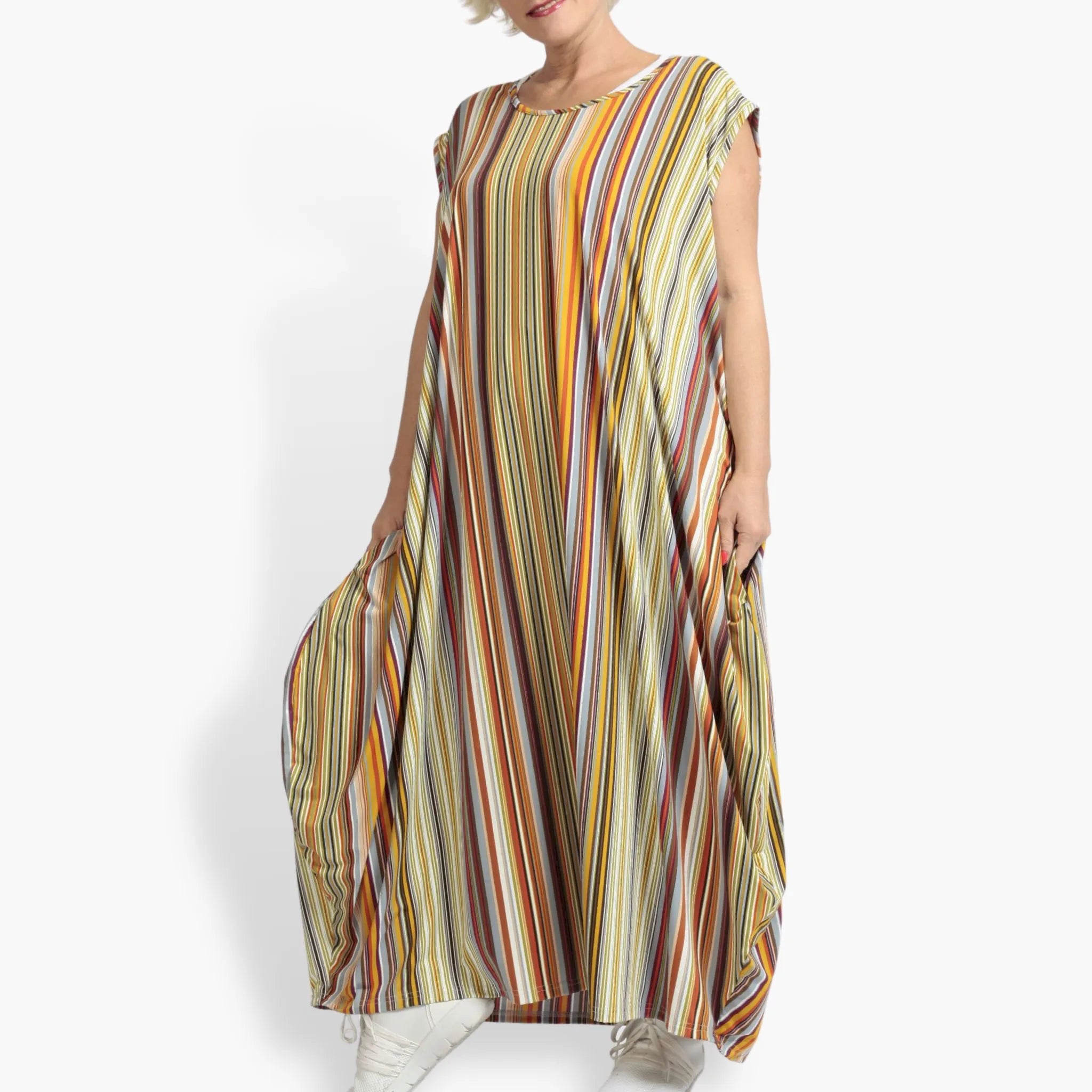 Summer dress in balloon shape made of stretcher Slinky quality, River in Cognac