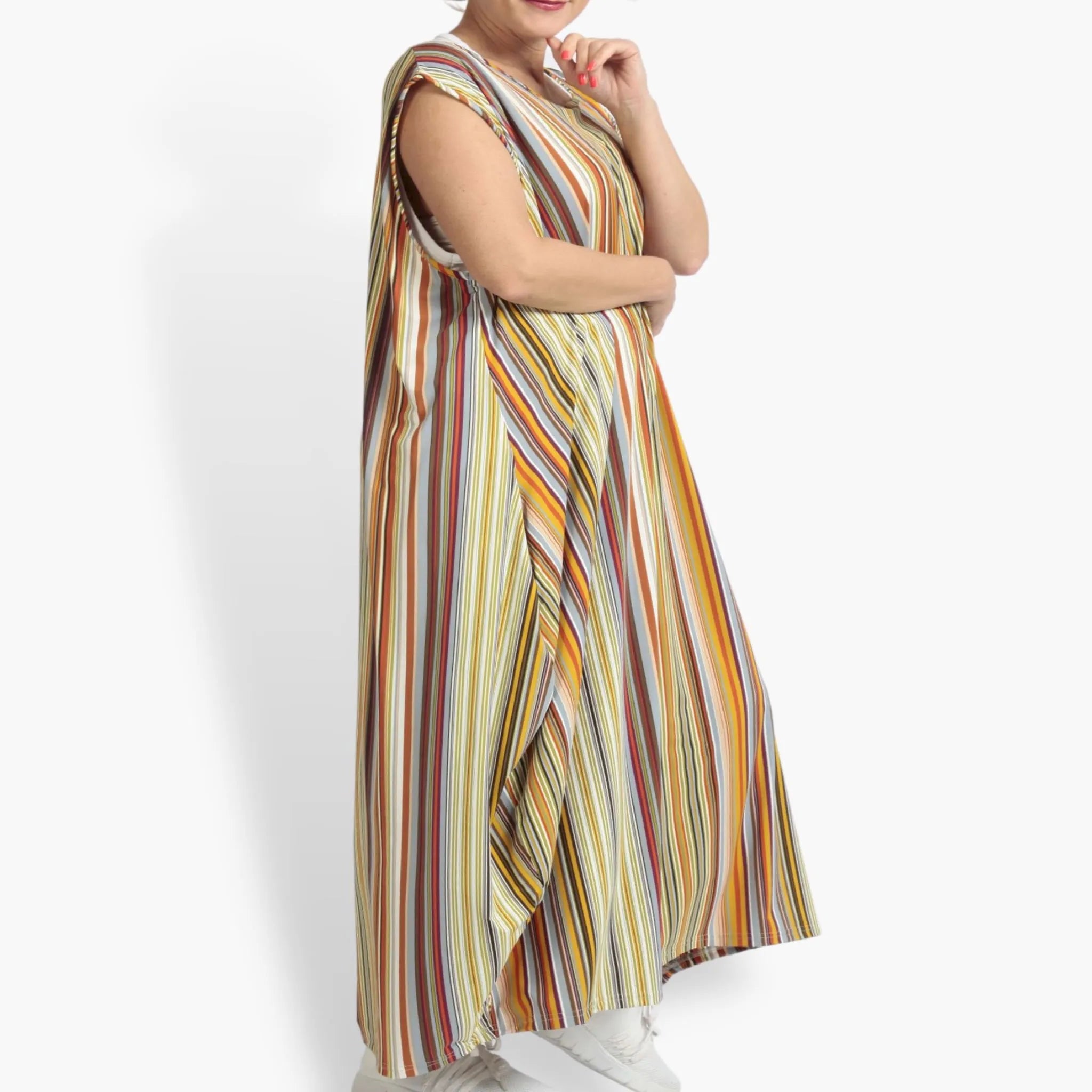 Summer dress in balloon shape made of stretcher Slinky quality, River in Cognac