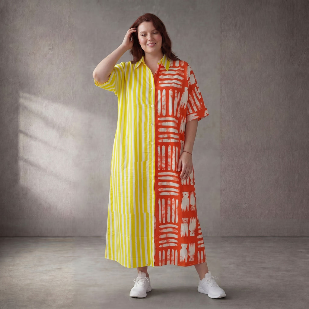 Gestreiftes Sommerkleid in Orange-Gelb mit Hemdkragen