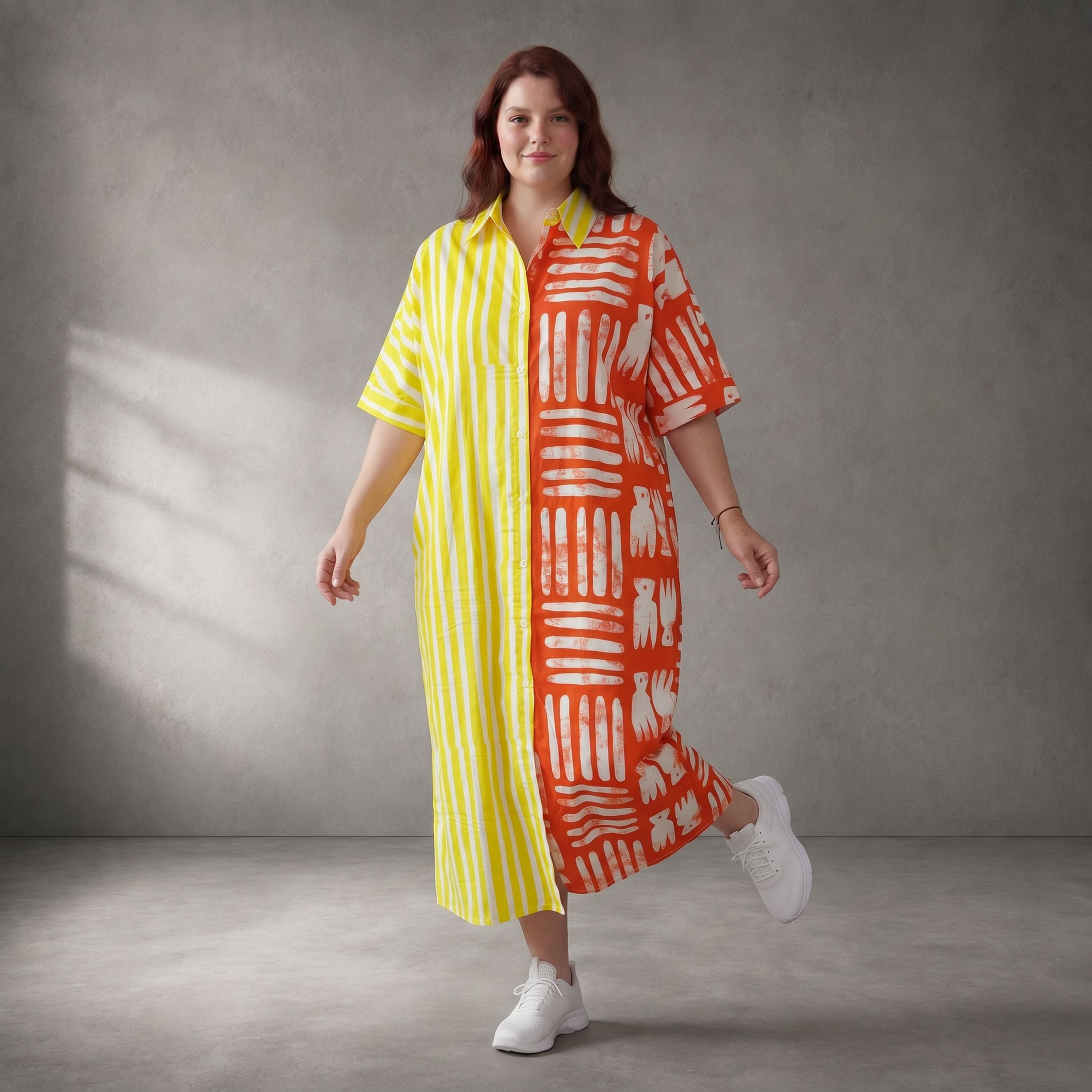 Gestreiftes Sommerkleid in Orange-Gelb mit Hemdkragen