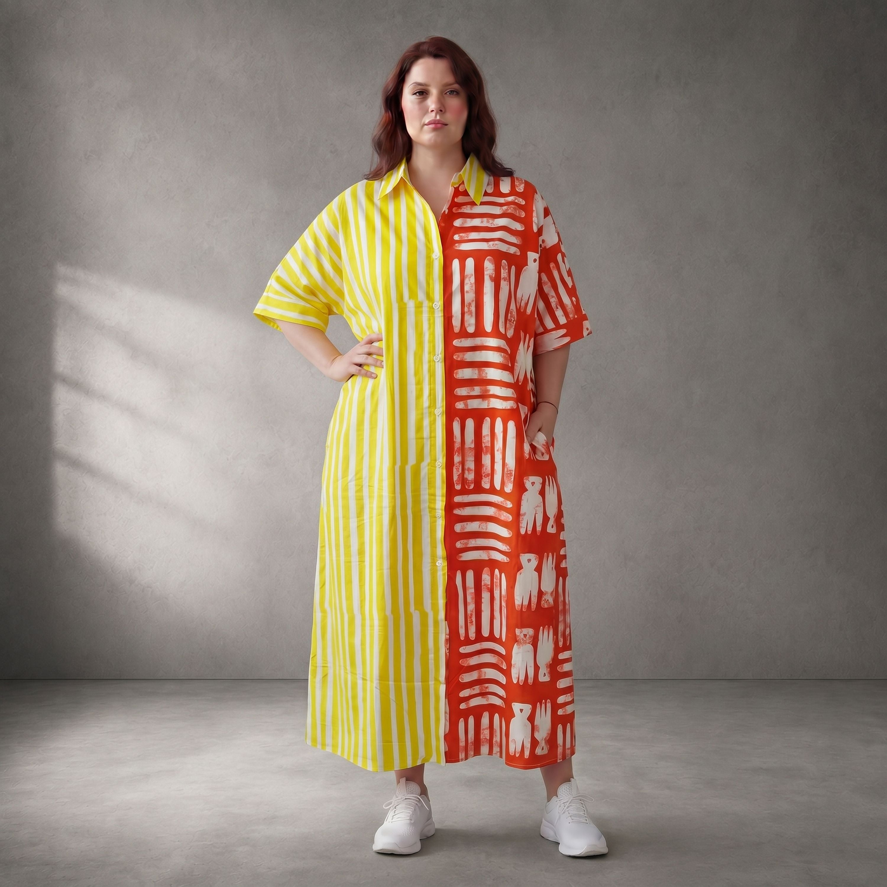 Gestreiftes Sommerkleid in Orange-Gelb mit Hemdkragen