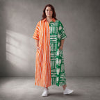 Gestreiftes Baumwoll-Kleid in A-Linie mit Hemdkragen