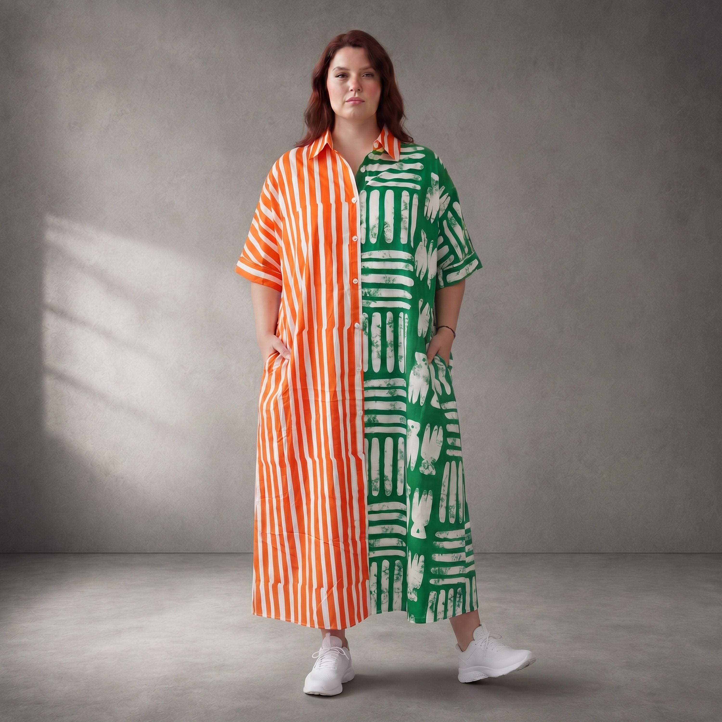Gestreiftes Baumwoll-Kleid in A-Linie mit Hemdkragen