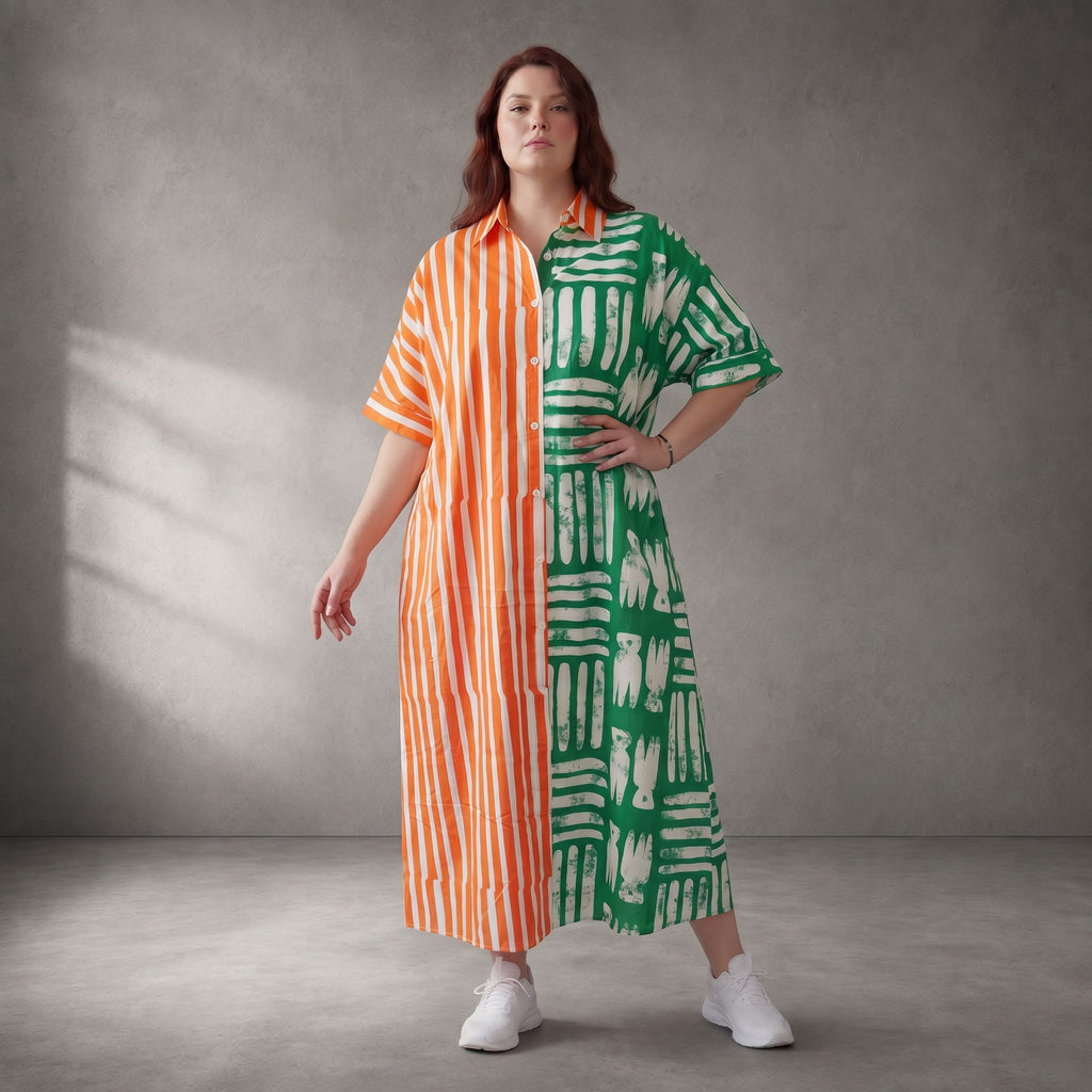 Gestreiftes Baumwoll-Kleid in A-Linie mit Hemdkragen
