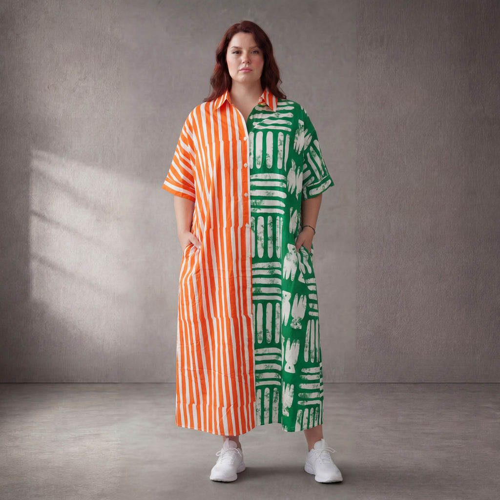 Gestreiftes Baumwoll-Kleid in A-Linie mit Hemdkragen