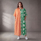 Gestreiftes Baumwoll-Kleid in A-Linie mit Hemdkragen