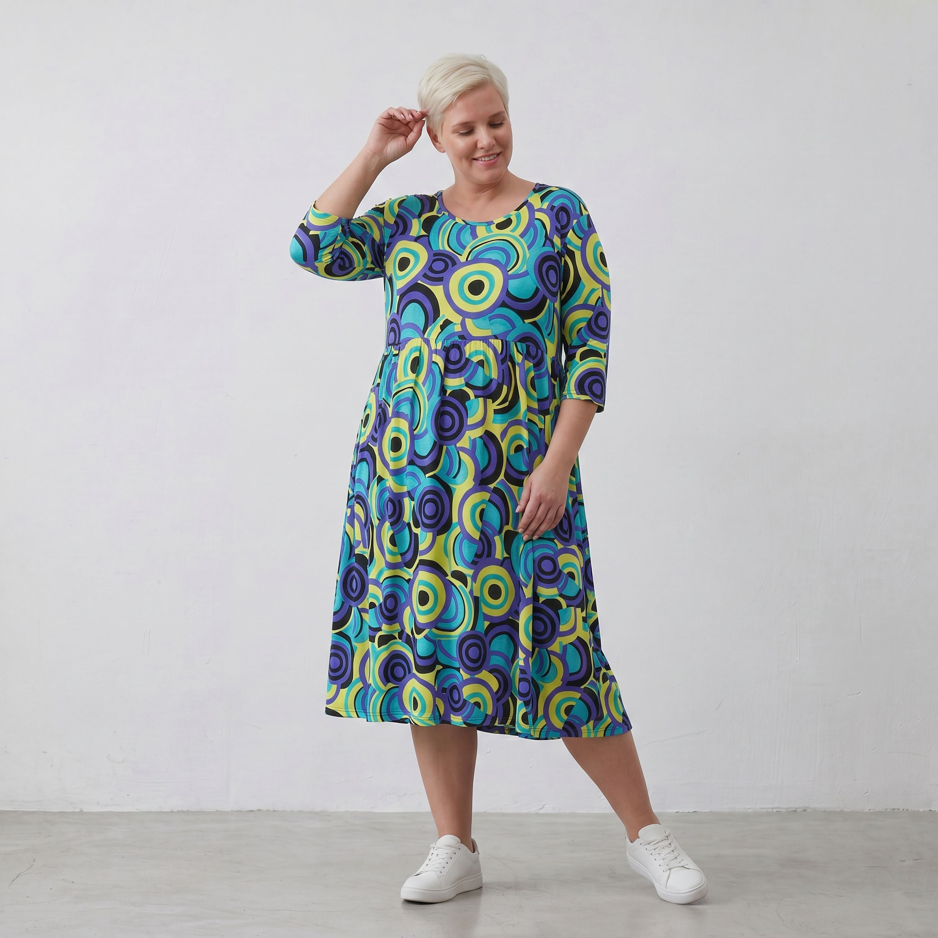 AKH Fashion Kleid 6698 Monet, Limegelb/Blau/Schwarz