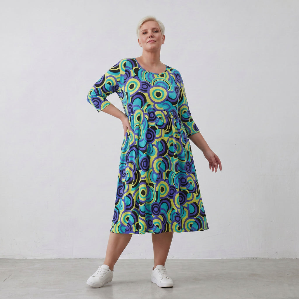 AKH Fashion Kleid 6698 Monet, Limegelb/Blau/Schwarz