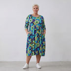 AKH Fashion Kleid 6698 Monet, Limegelb/Blau/Schwarz