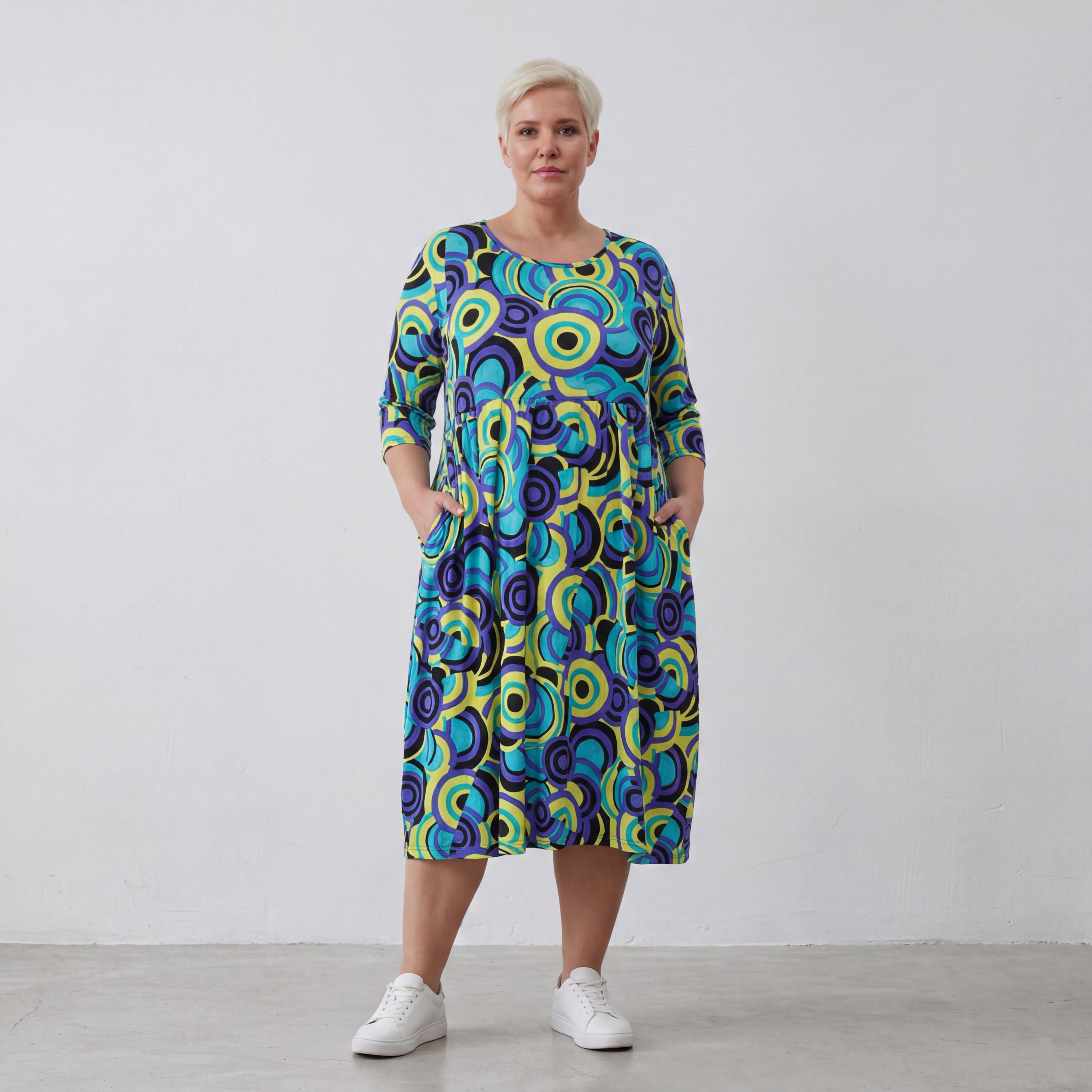 AKH Fashion Kleid 6698 Monet, Limegelb/Blau/Schwarz