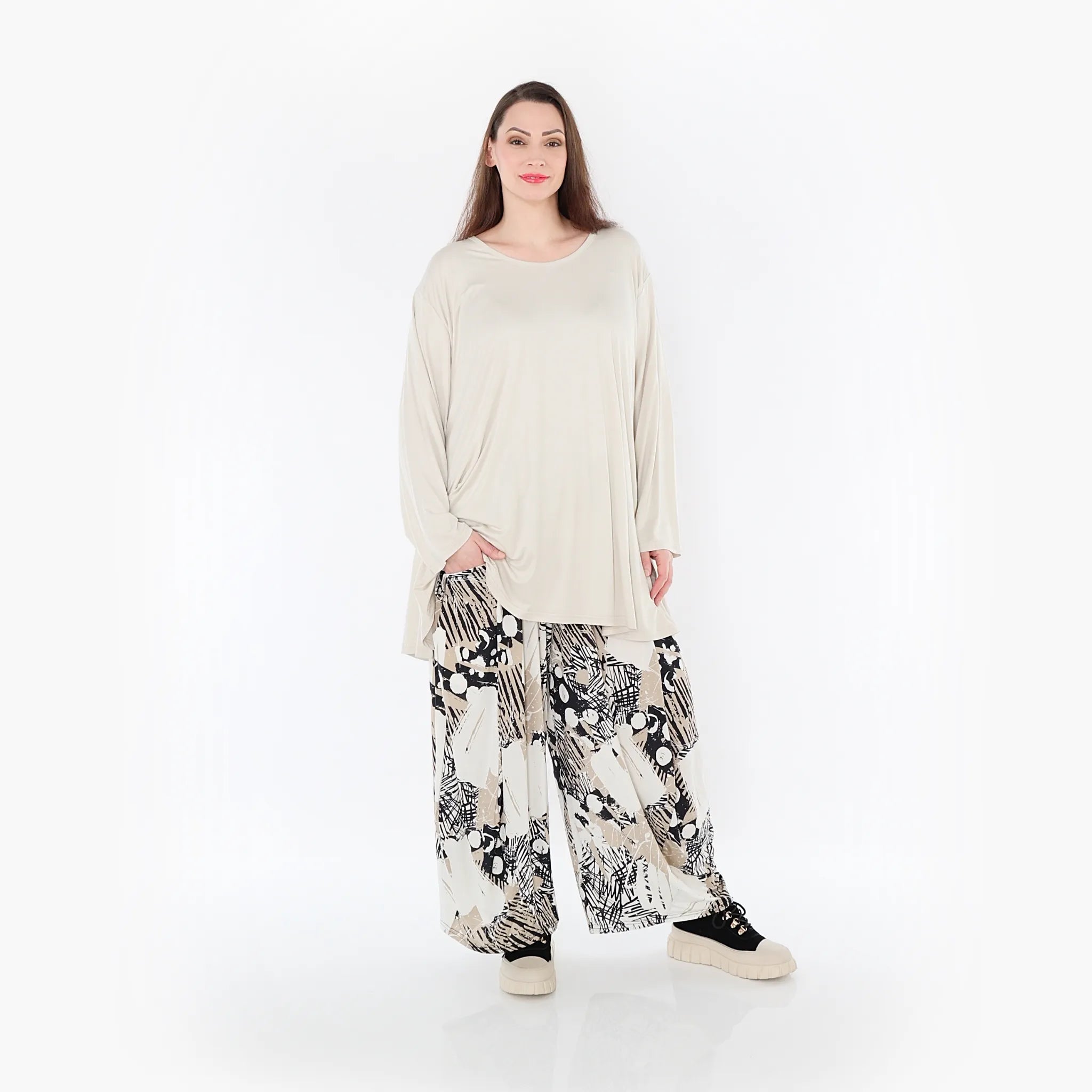 AKH Fashion 8069 Trousers, Beige-White-Black