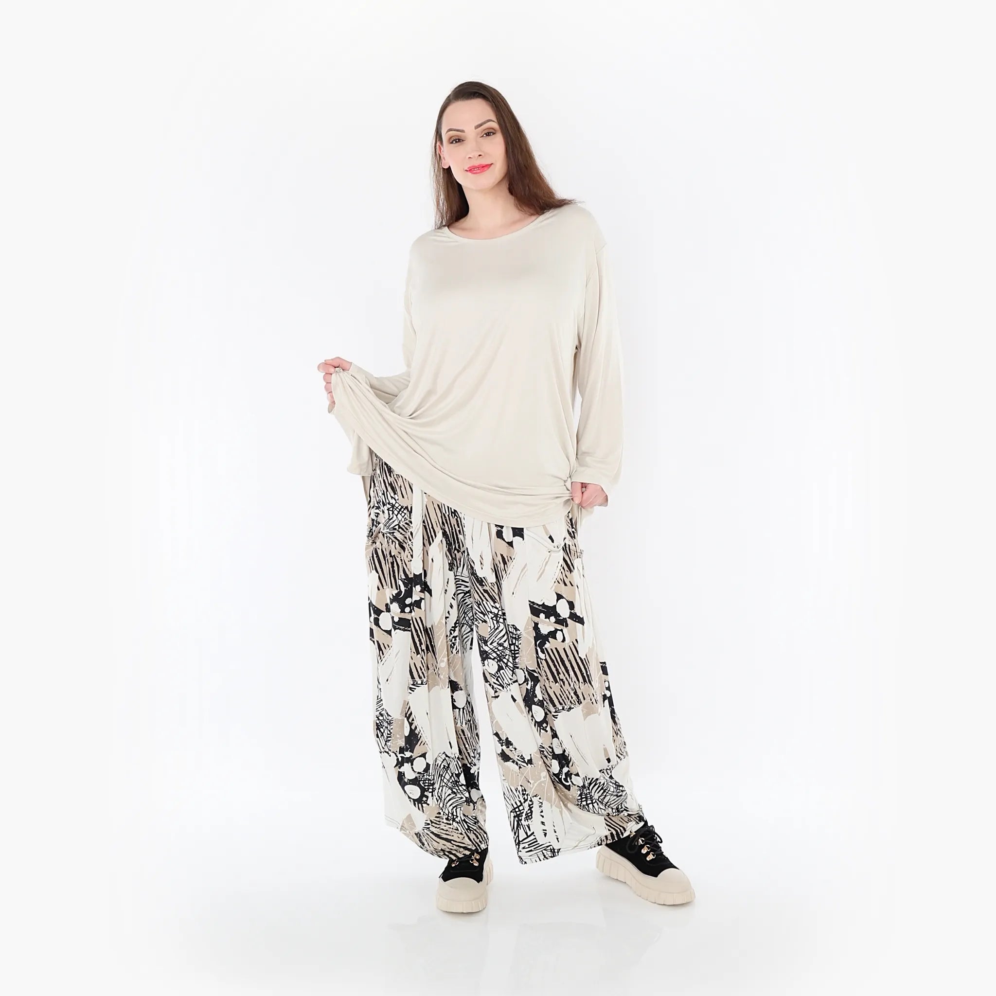 AKH Fashion 8069 Trousers, Beige-White-Black