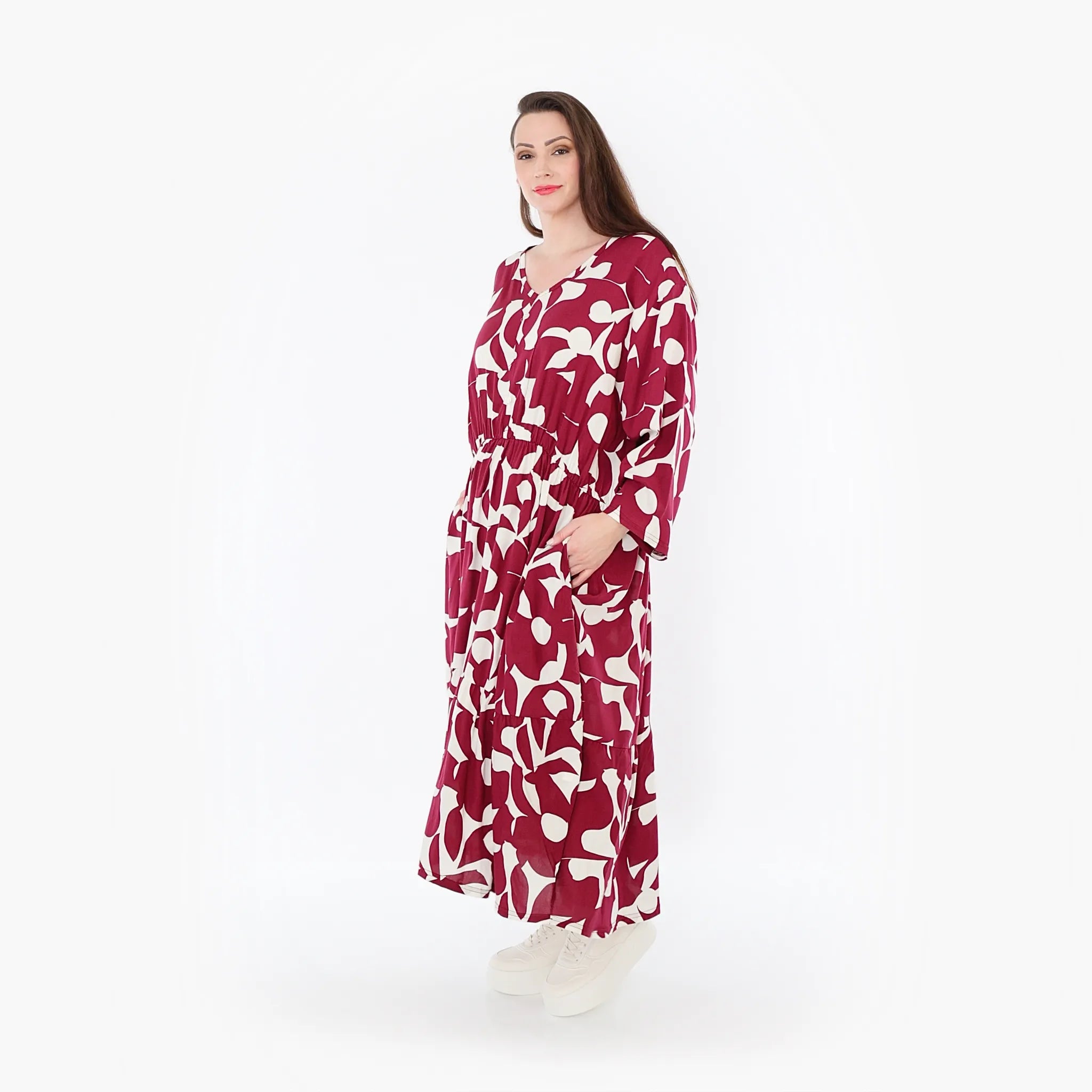 AKH Fashion Kleid 7064 Synthia, Weinrot/Weiß