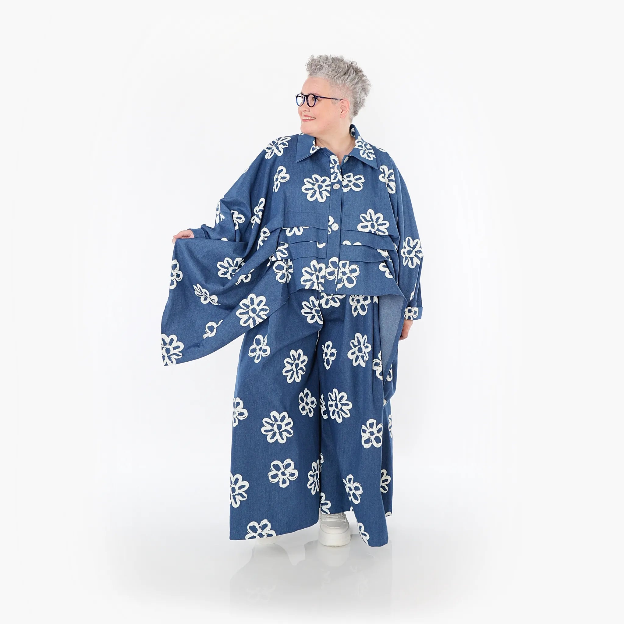 AKH Fashion Bluse 7080 Zahra, Jeansblau/Weiß