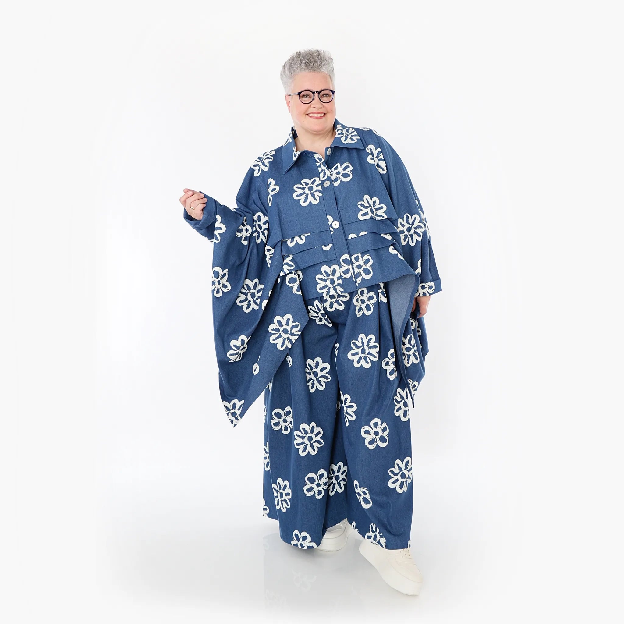 AKH Fashion Bluse 7080 Zahra, Jeansblau/Weiß