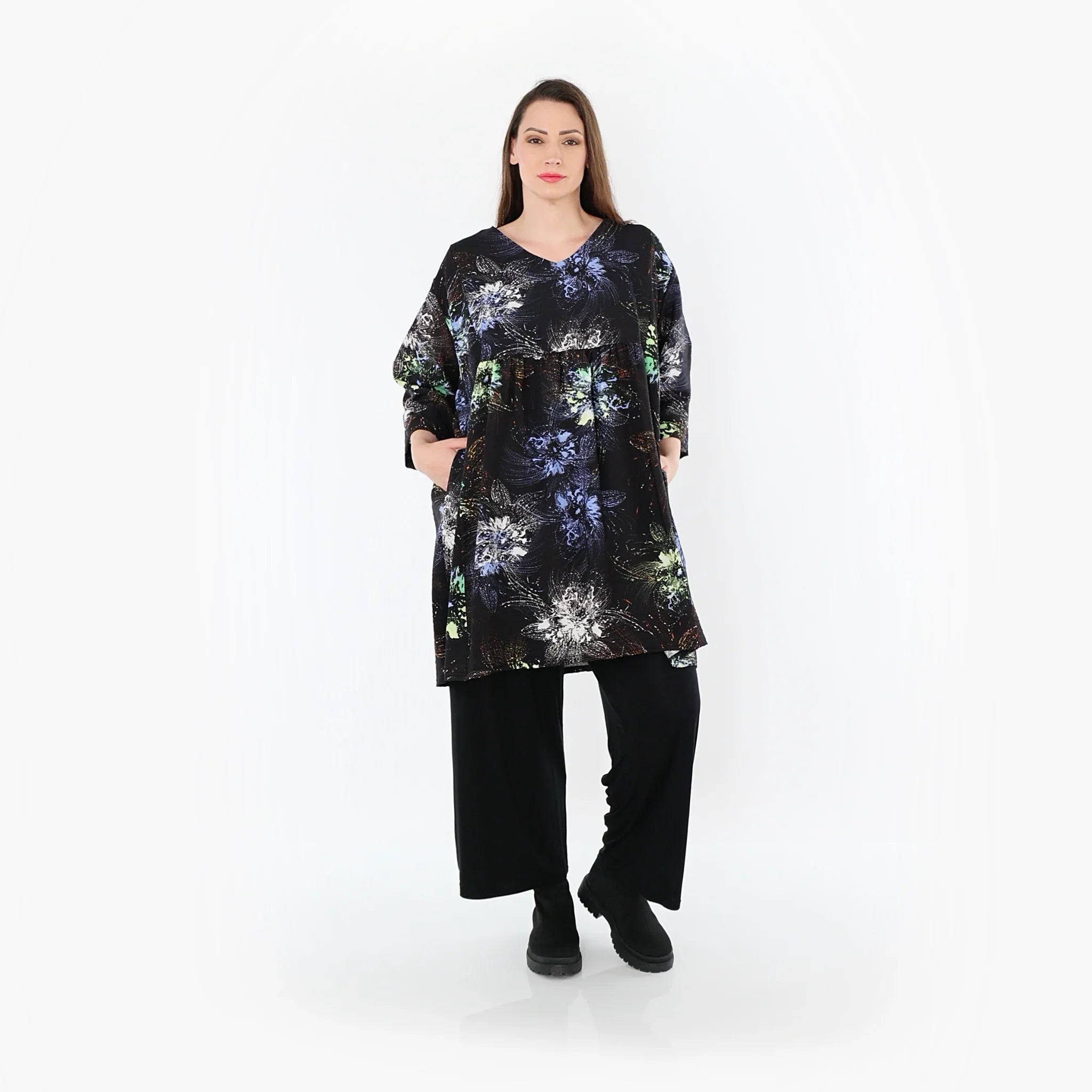 Chemise ample AKH Fashion 7091, noir-bleu-multicolore