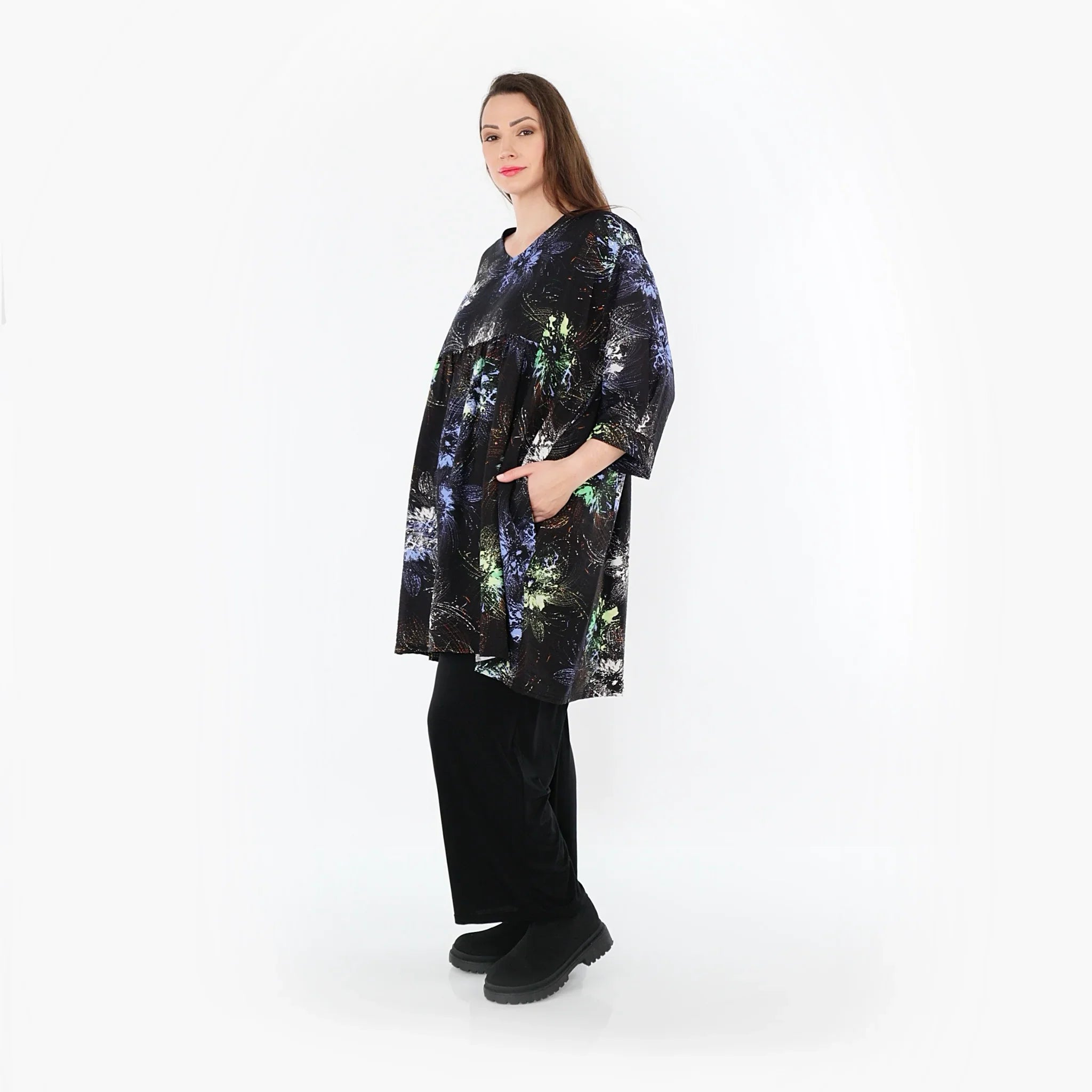Chemise ample AKH Fashion 7091, noir-bleu-multicolore