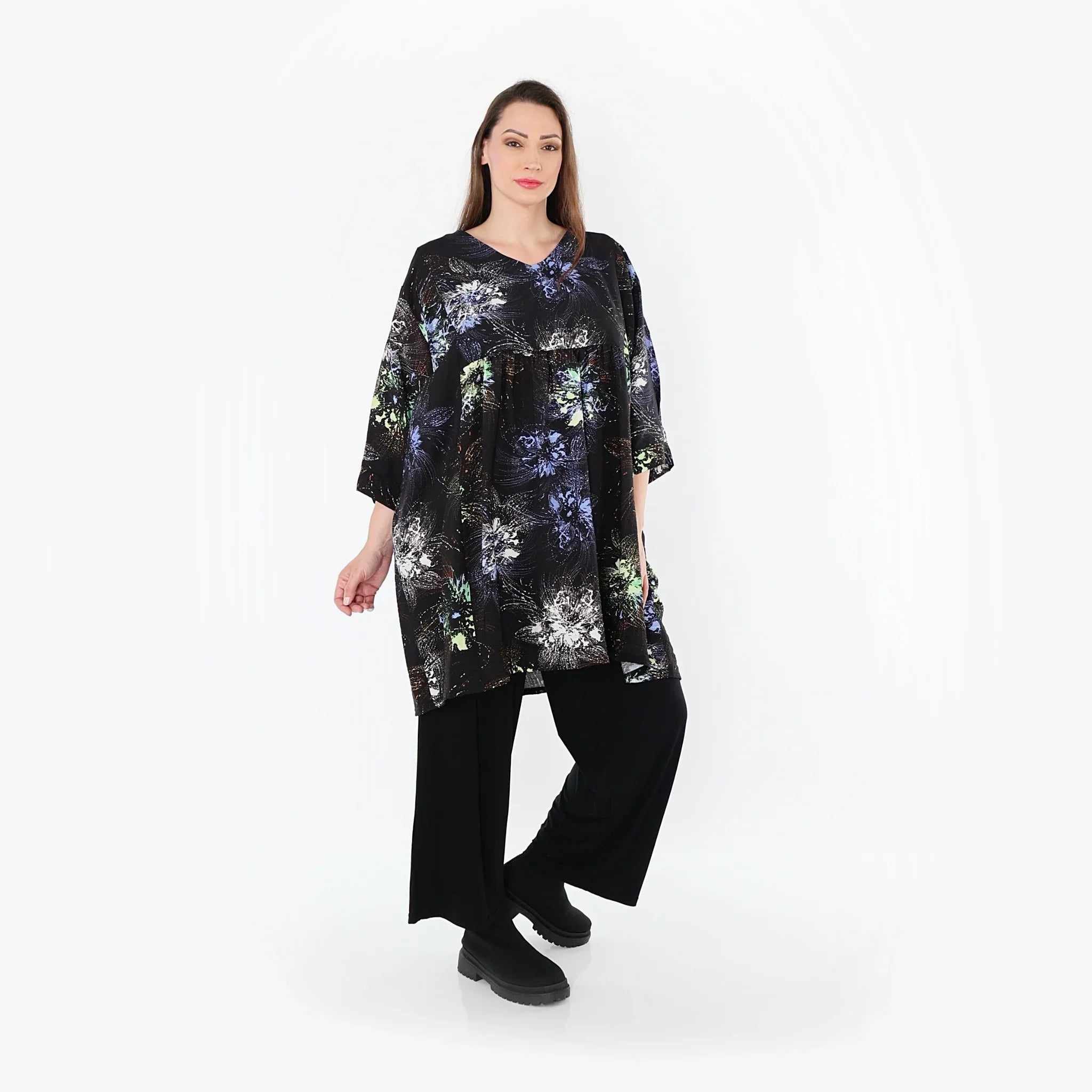 Chemise ample AKH Fashion 7091, noir-bleu-multicolore