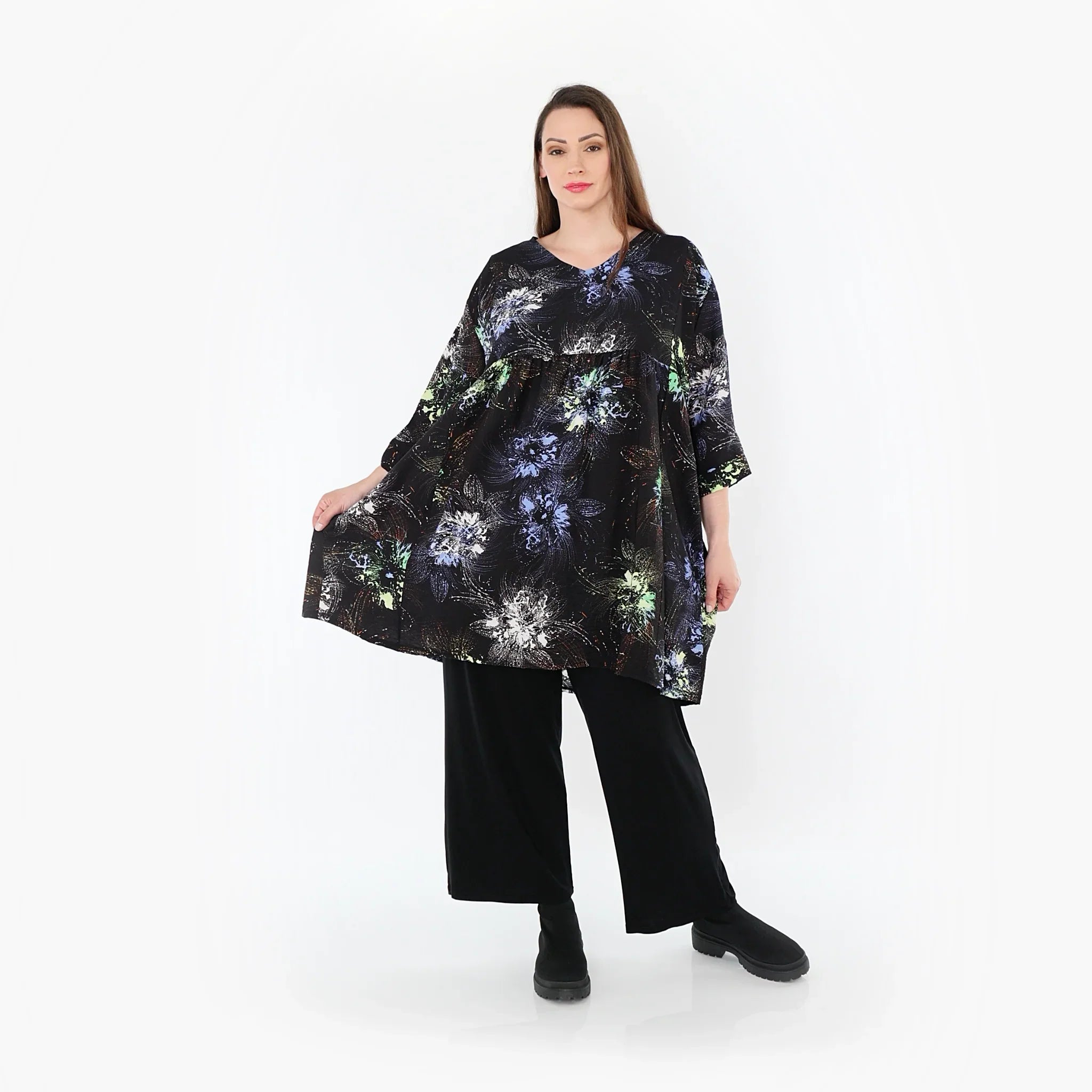 Chemise ample AKH Fashion 7091, noir-bleu-multicolore
