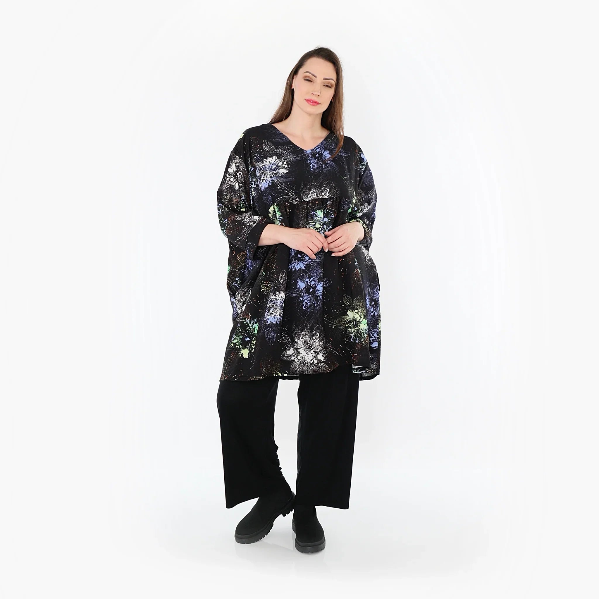 Chemise ample AKH Fashion 7091, noir-bleu-multicolore