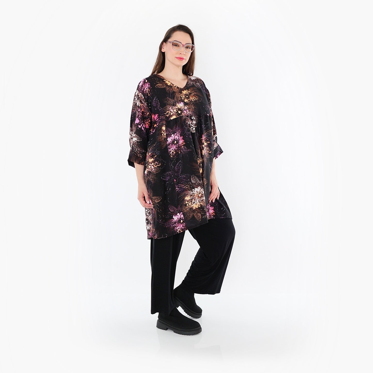 AKH Fashion 7091 Big Shirt, Schwarz-Fuchsia-Multi
