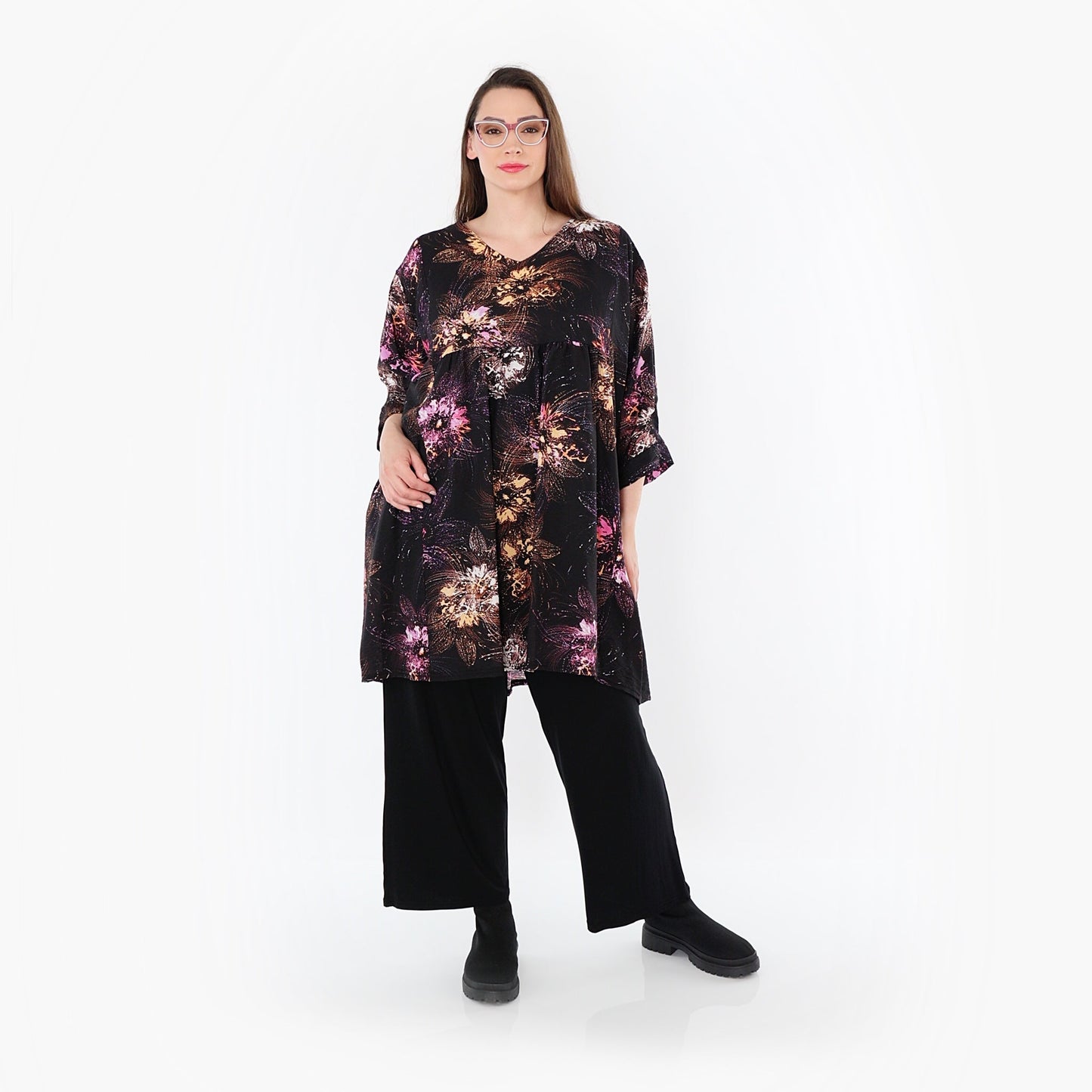 AKH Fashion 7091 Big Shirt, Schwarz-Fuchsia-Multi