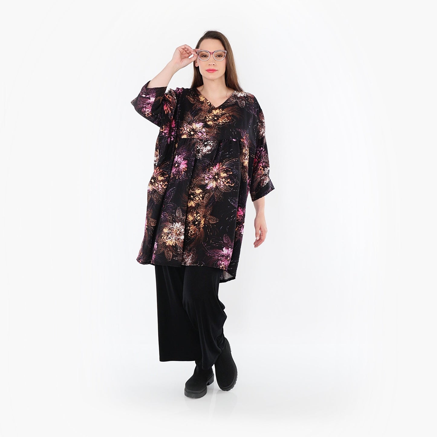 AKH Fashion 7091 Big Shirt, Schwarz-Fuchsia-Multi