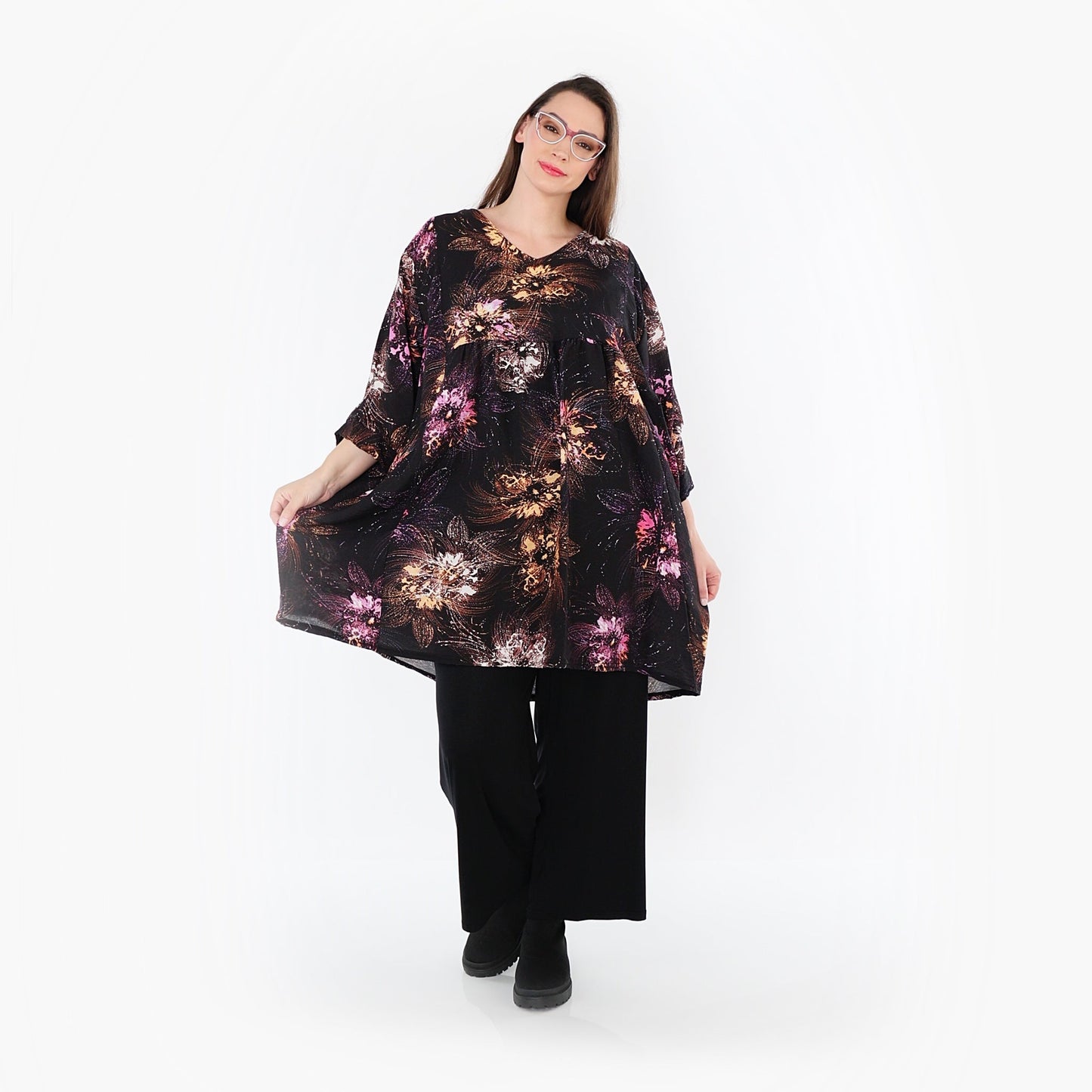 AKH Fashion 7091 Big Shirt, Schwarz-Fuchsia-Multi