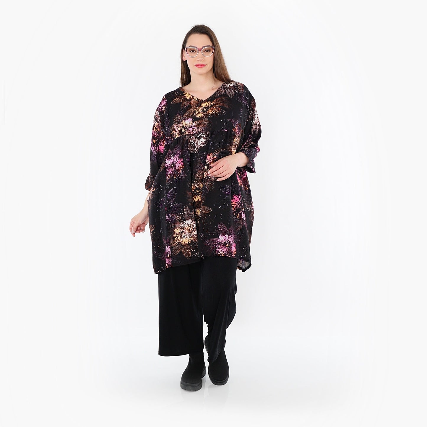 AKH Fashion 7091 Big Shirt, Schwarz-Fuchsia-Multi