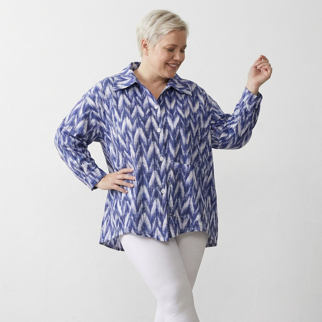 AKH Fashion 7095 Blouse, Blue-White-Silver