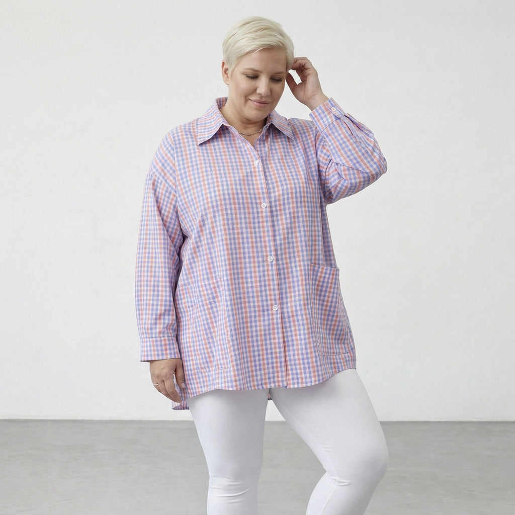 AKH Fashion 7095 Blouse, Blue-White-Pink