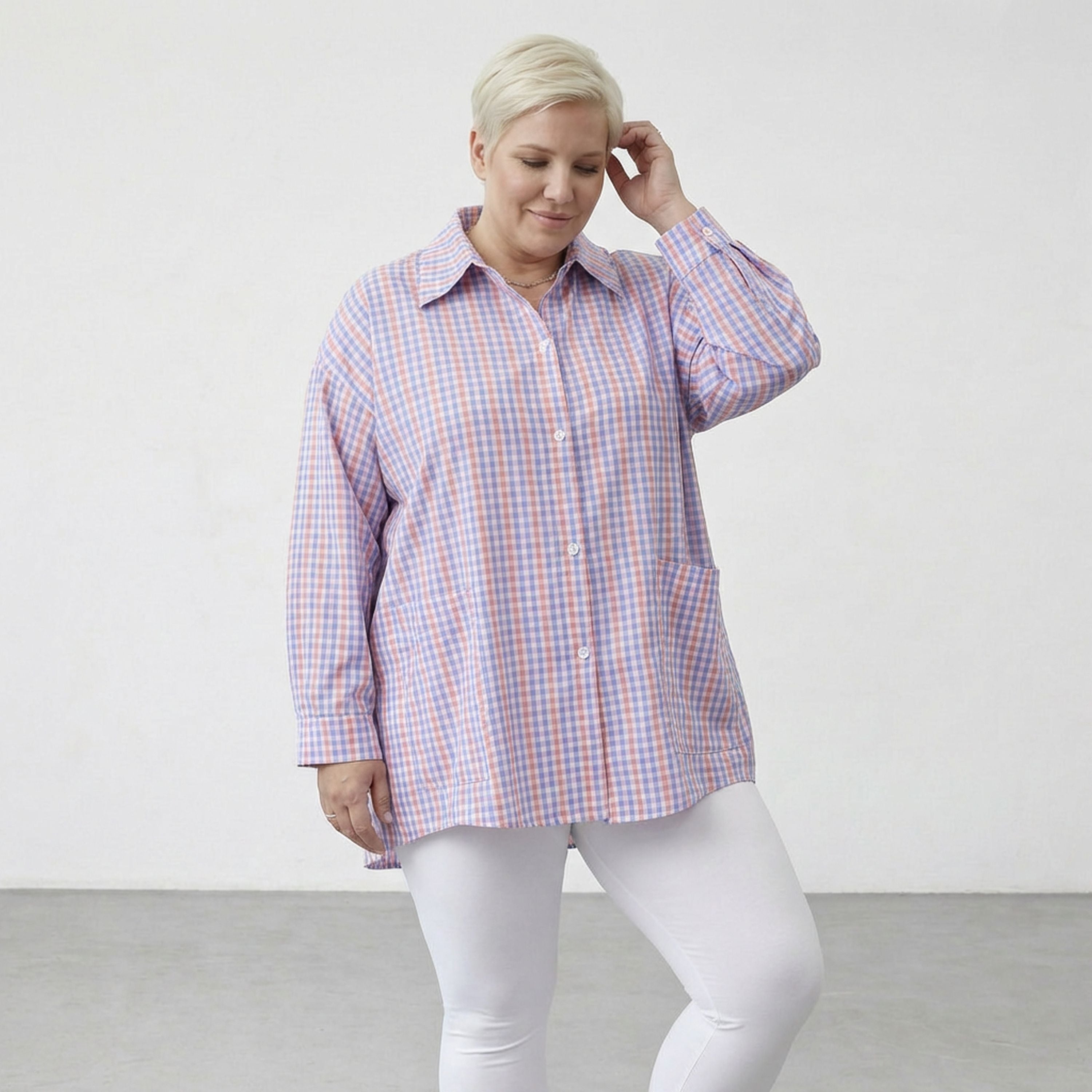 AKH Fashion 7095 Blouse, Blue-White-Pink