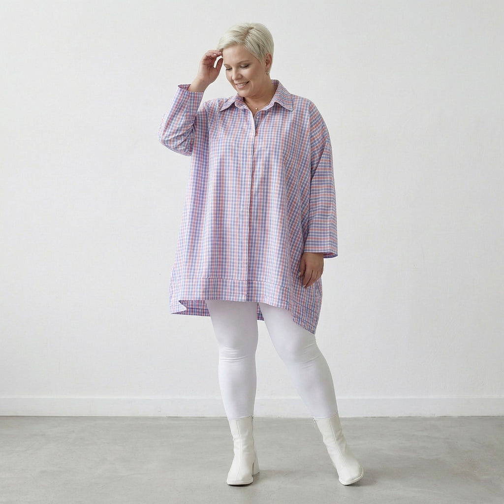 AKH Fashion 7110 Chemisier, Bleu-Blanc-Rose