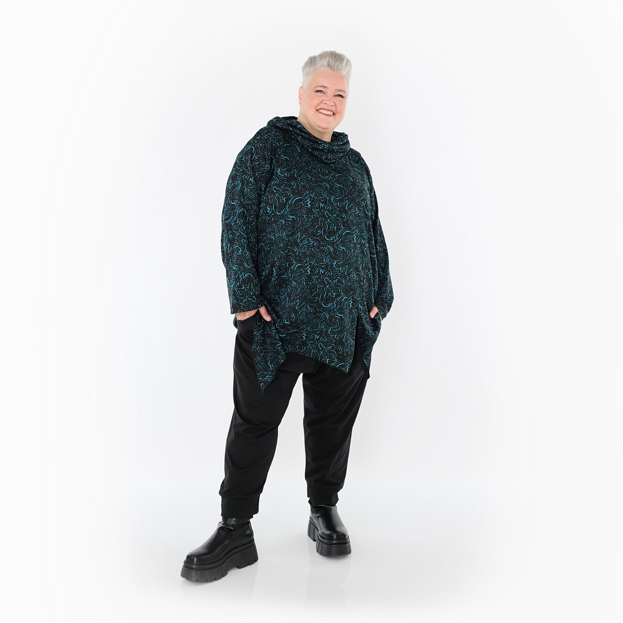 Chemise ample AKH Fashion 6061, noir-pétrole-vert