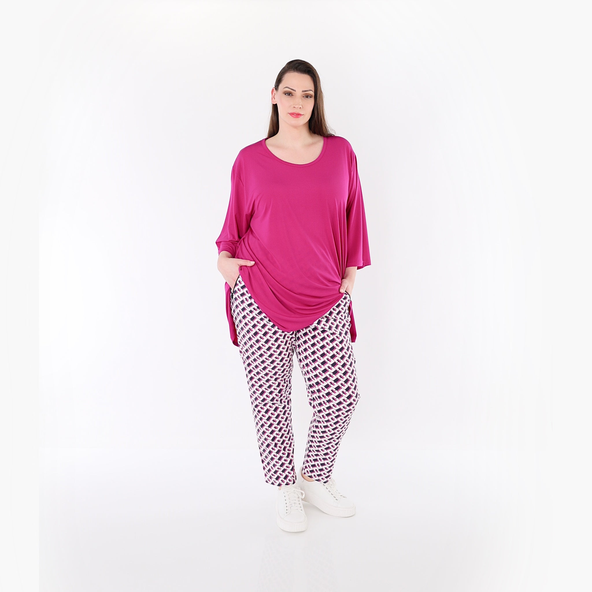 AKH Fashion 7183 Trousers, Navy-Fuchsia-White