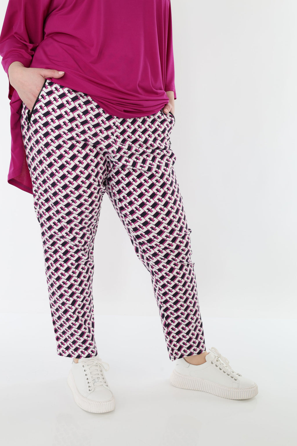 AKH Fashion 7183 Trousers, Navy-Fuchsia-White