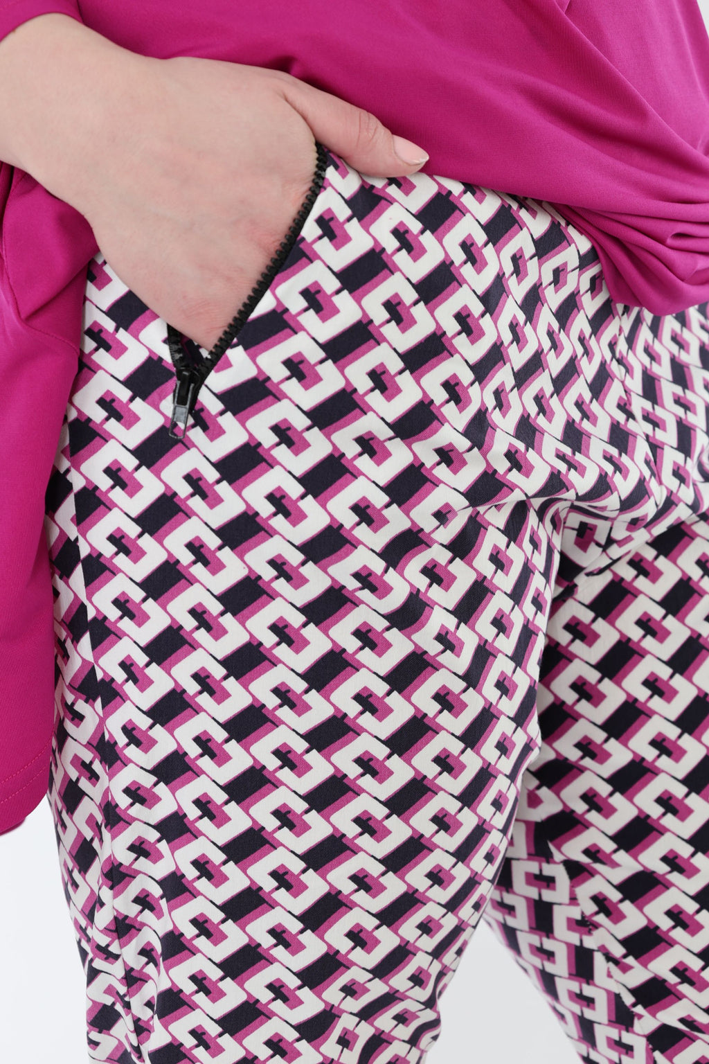AKH Fashion 7183 Trousers, Navy-Fuchsia-White