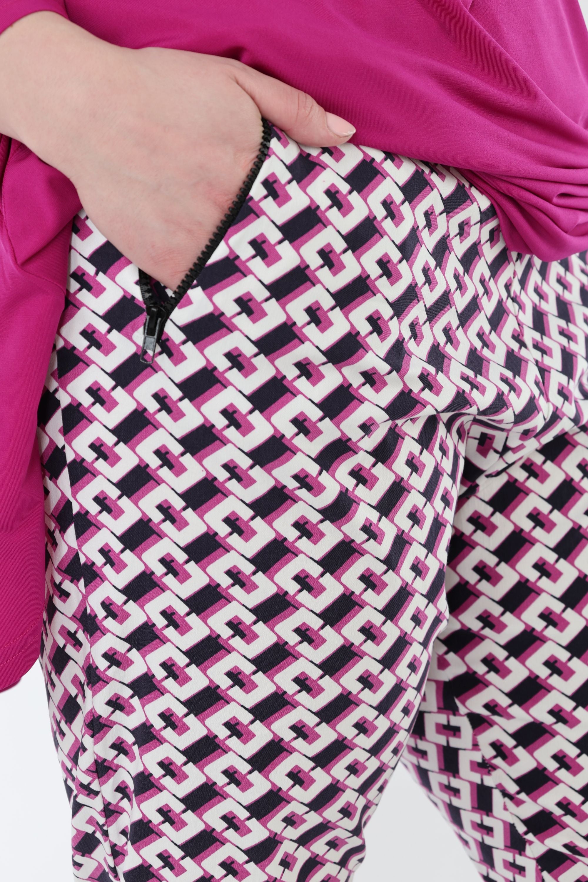 AKH Fashion 7183 Trousers, Navy-Fuchsia-White